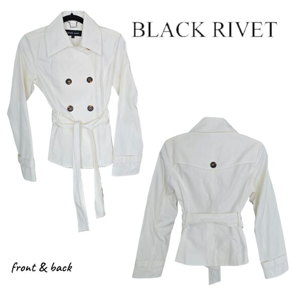 Black Rivet Asymmetrical Button Double Breasted White Belted Jacket Women's M - Picture 5 of 5